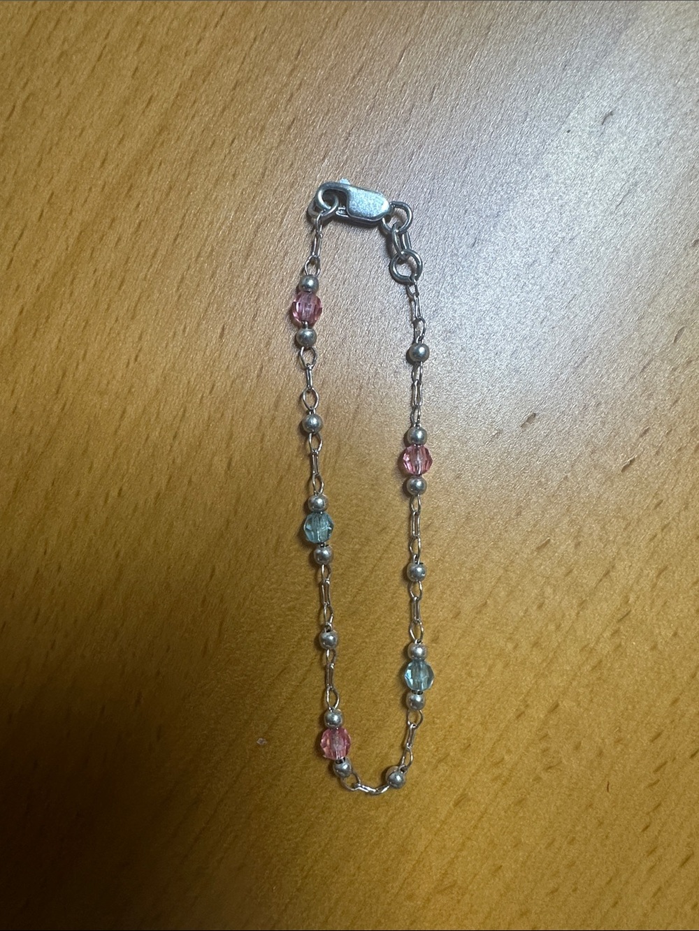Delicate Silver-Tone Bracelet with Pink and Light Blue Beads